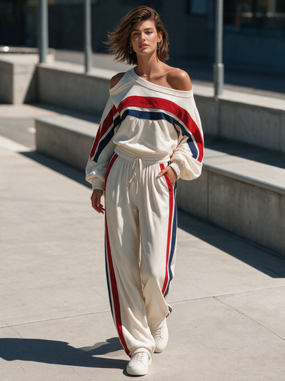 Women's Off-Shoulder Striped Sweatshirt and Jogger Set in White - additional view 2 | Hensley London