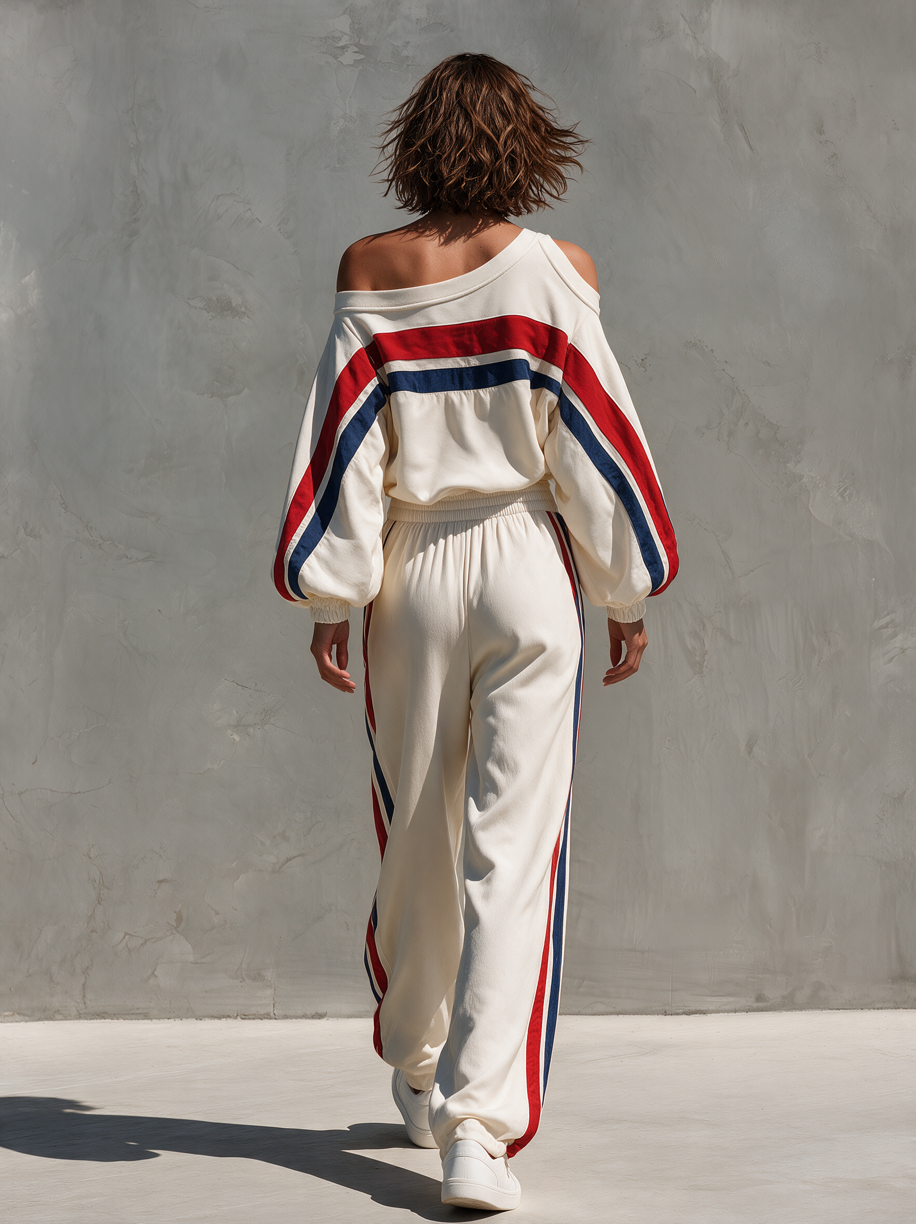 Women's Off-Shoulder Striped Sweatshirt and Jogger Set in White - additional view 3 | Hensley London
