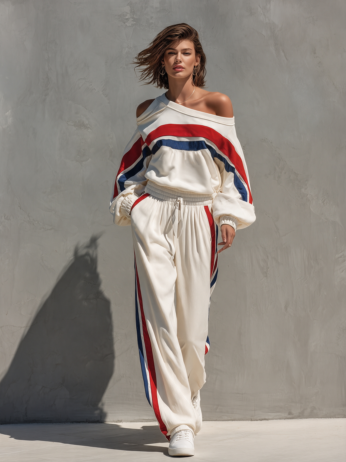 Women's Off-Shoulder Striped Sweatshirt and Jogger Set in White - additional view 4 | Hensley London