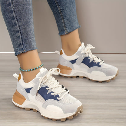 Women's Chunky White Sneakers with Breathable Mesh and Cushioned Support – Casual Lace-Up Trainers 0