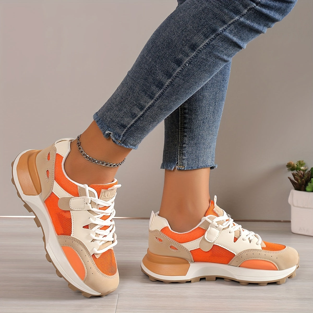 Women's Chunky White Sneakers with Breathable Mesh and Cushioned Support – Casual Lace-Up Trainers 2