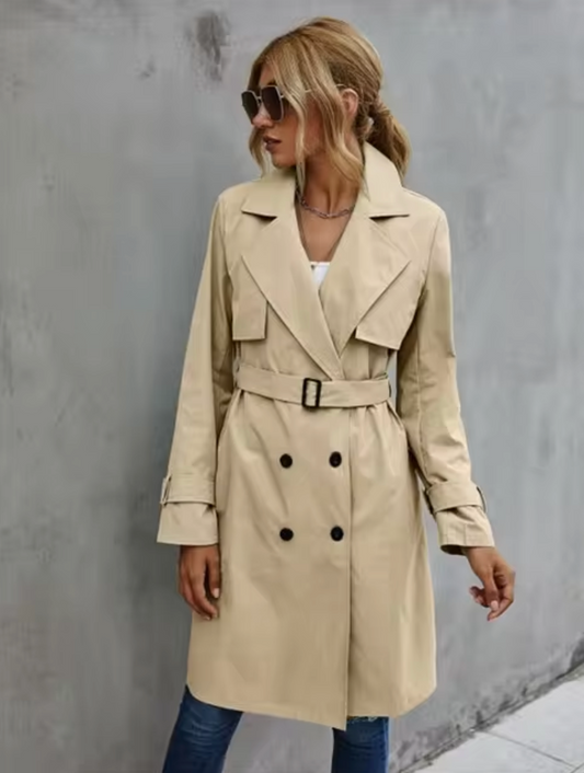 Women's Trench Coat Beige Double Breasted Cotton Classic Outerwear - 1