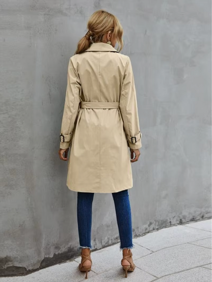 Women's Trench Coat Beige Double Breasted Cotton Classic Outerwear - 3