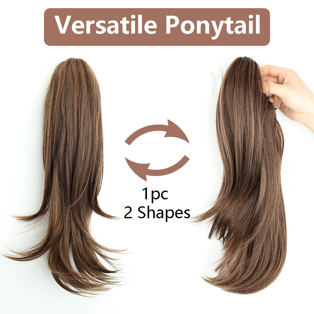 Women's Clip In Ponytail Extension 18 Inch Wavy Black Brown Synthetic 3