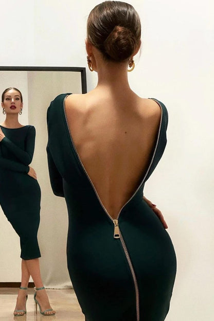 Women's Cocktail Dress Emerald Green Polyester Deep V Long Sleeve 1