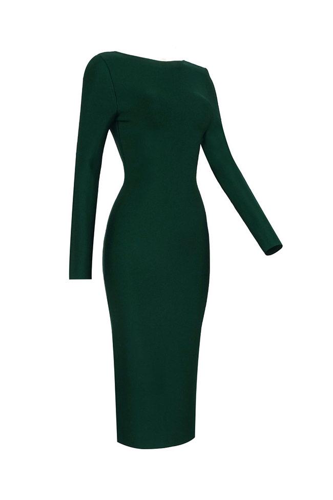 Women's Cocktail Dress Emerald Green Polyester Deep V Long Sleeve 3