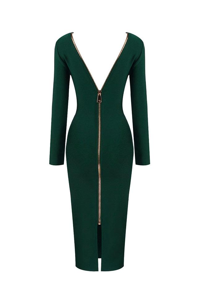 Women's Cocktail Dress Emerald Green Polyester Deep V Long Sleeve 4