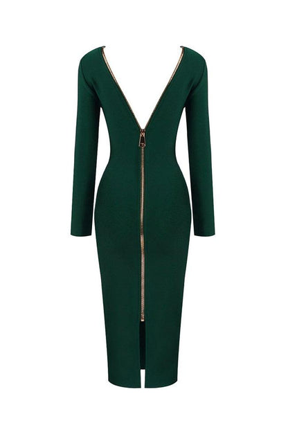 Women's Cocktail Dress Emerald Green Polyester Deep V Long Sleeve 4