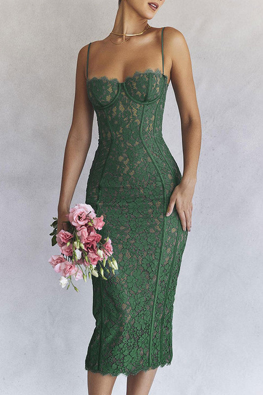 Women's Cocktail Dress Green Lace Tea-Length 0