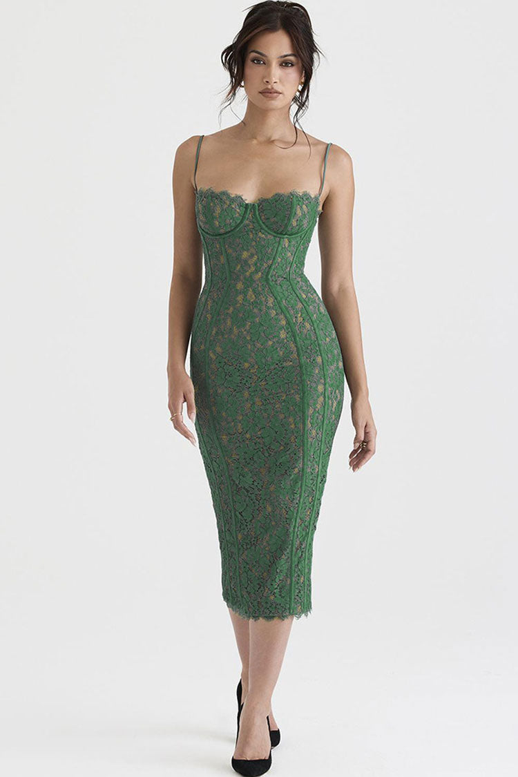 Women's Cocktail Dress Green Lace Tea-Length 2