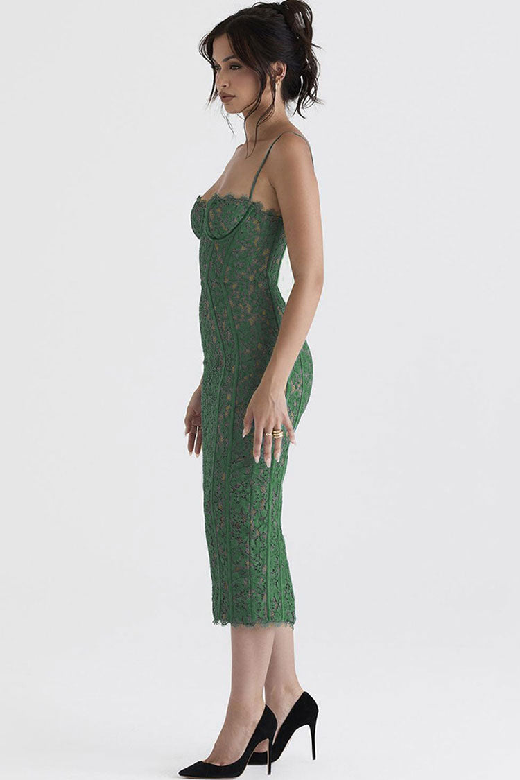 Women's Cocktail Dress Green Lace Tea-Length 3
