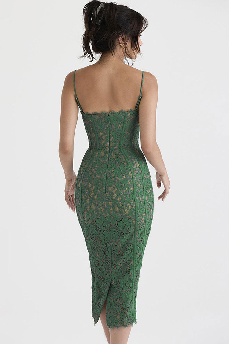 Women's Cocktail Dress Green Lace Tea-Length 4