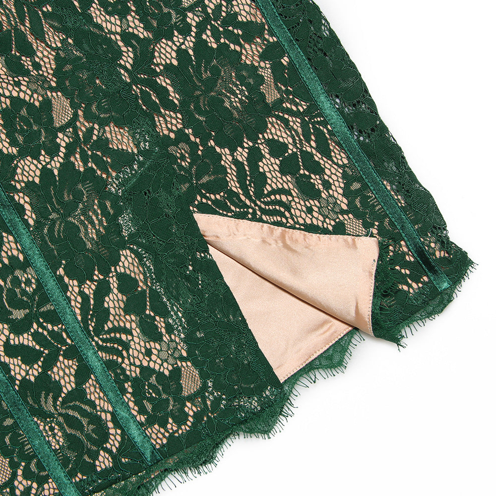 Women's Cocktail Dress Green Lace Tea-Length 5