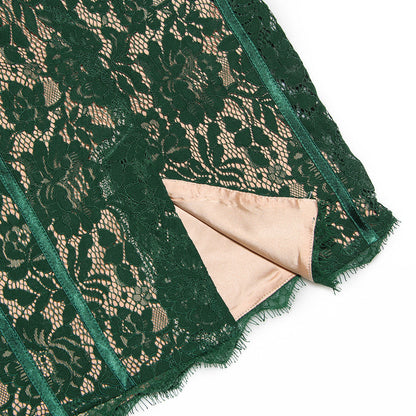 Women's Cocktail Dress Green Lace Tea-Length 5