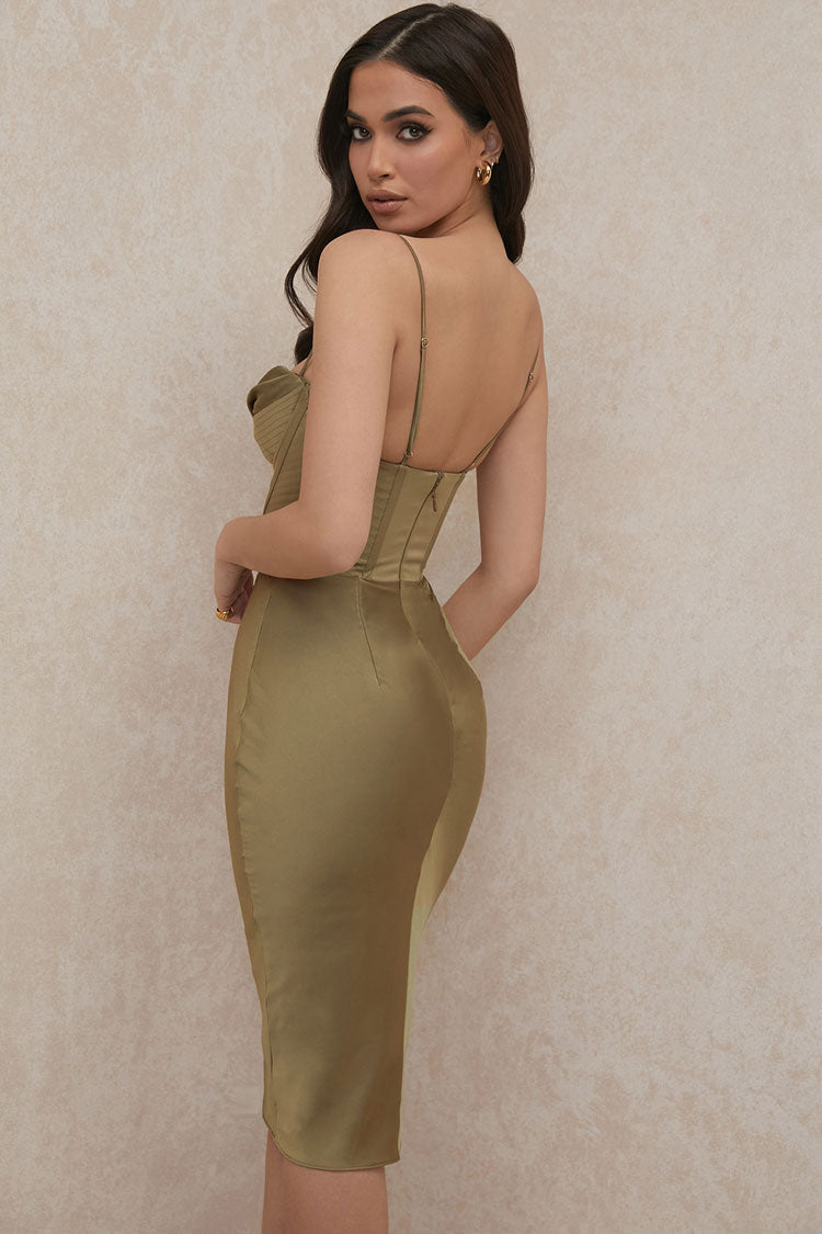 Women's Cocktail Dress Green Satin Cowl Neck Corset 2