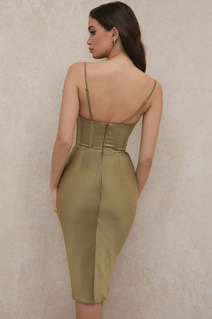 Women's Cocktail Dress Green Satin Cowl Neck Corset 3