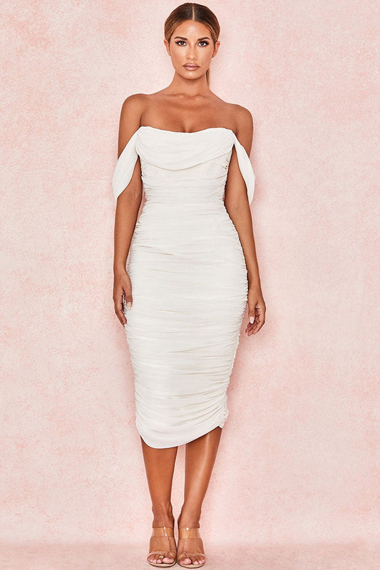 Women's Cocktail Dress White Stretch Mesh Off Shoulder 0
