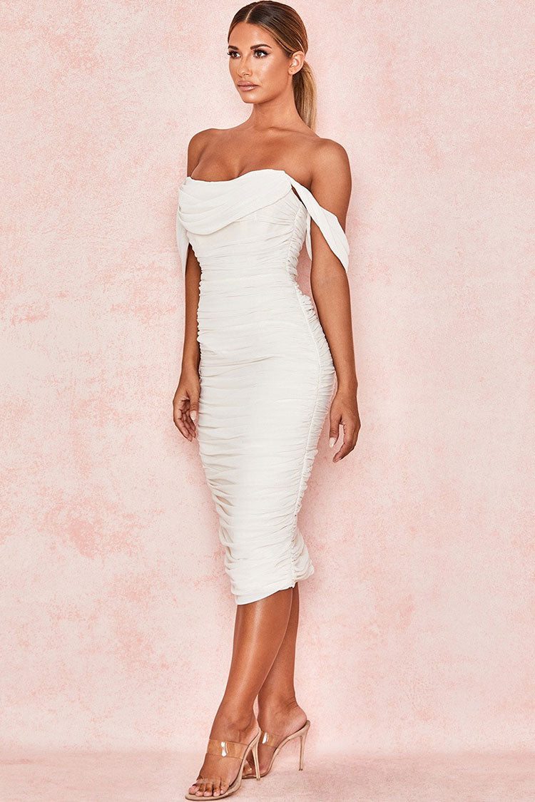 Women's Cocktail Dress White Stretch Mesh Off Shoulder 2