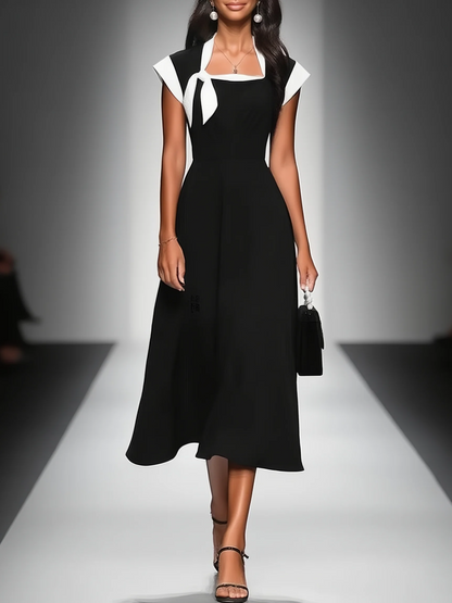 Women's Colorblock Square Neck Cap-Sleeve Midi Dress in Black – product view | Hensley London