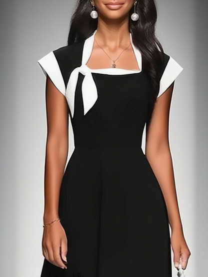 Women's Colorblock Square Neck Cap-Sleeve Midi Dress in Black – product view | Hensley London