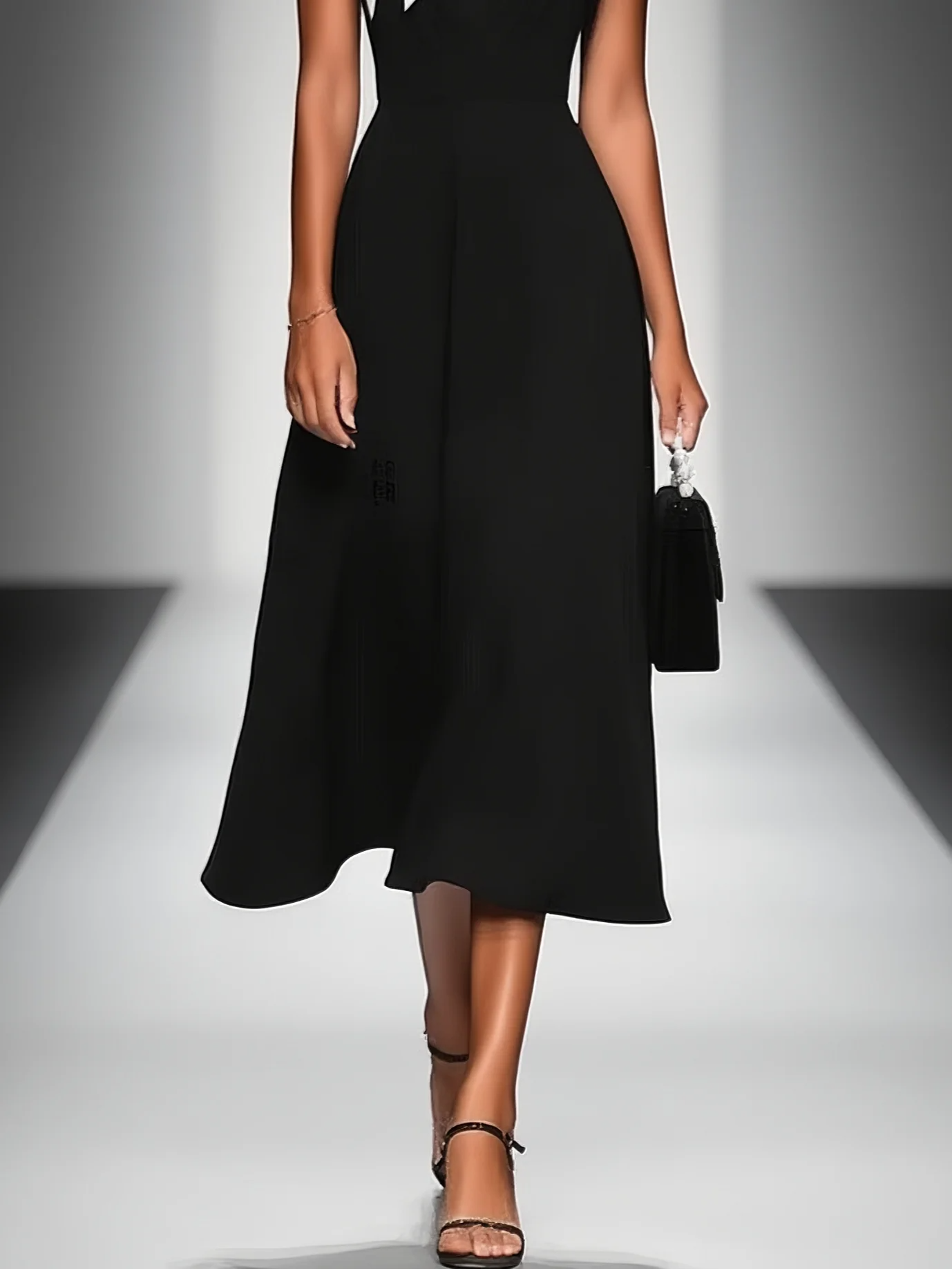 Women's Colorblock Square Neck Cap-Sleeve Midi Dress in Black – product view | Hensley London