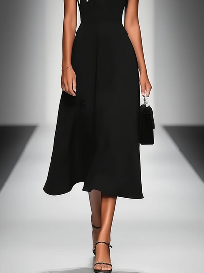 Women's Colorblock Square Neck Cap-Sleeve Midi Dress in Black – product view | Hensley London