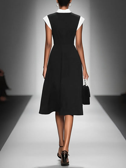 Women's Colorblock Square Neck Cap-Sleeve Midi Dress in Black – product view | Hensley London