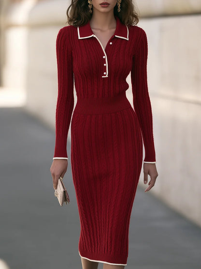 Women's Contrast-Collar Cable-Knit Midi Dress in Red – product view | Hensley London