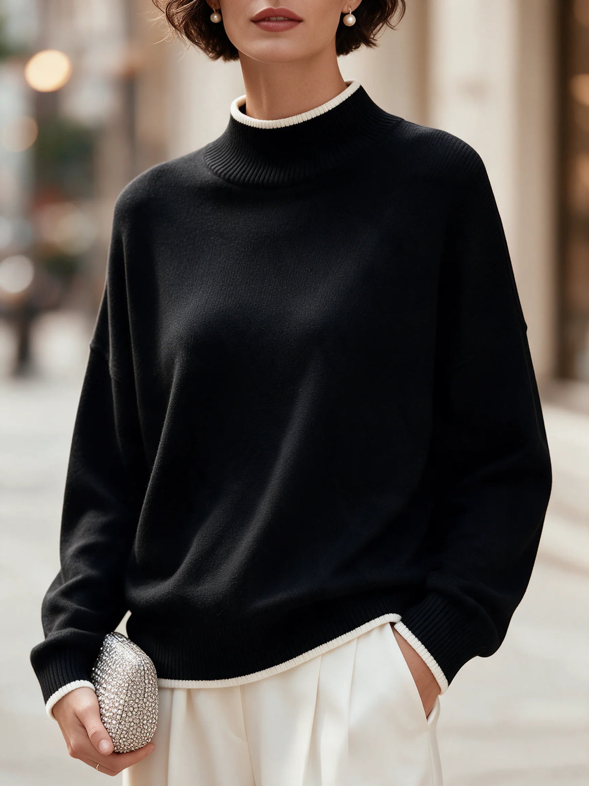 Women's Contrast-Trim Mock-Neck Knit Sweater in Black – Product view | Hensley London