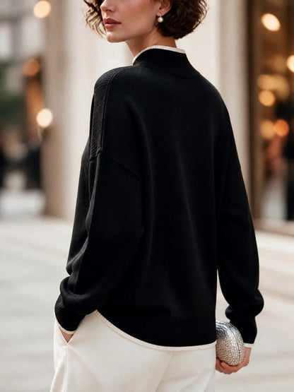 Women's Contrast-Trim Mock-Neck Knit Sweater in Black – Product view | Hensley London