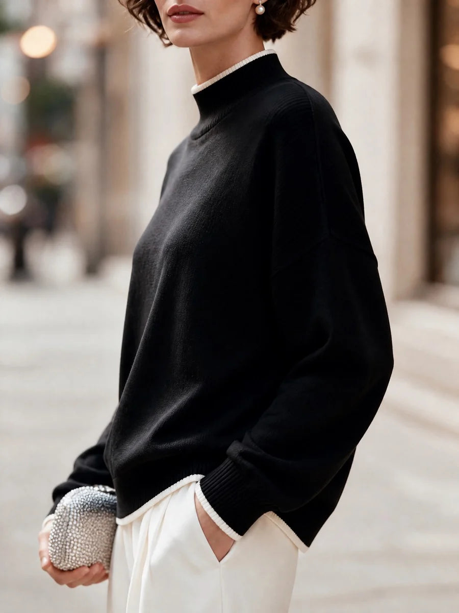 Women's Contrast-Trim Mock-Neck Knit Sweater in Black – Product view | Hensley London