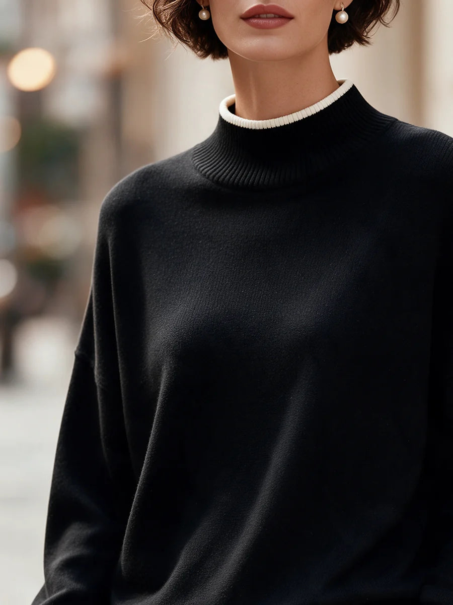 Women's Contrast-Trim Mock-Neck Knit Sweater in Black – Product view | Hensley London