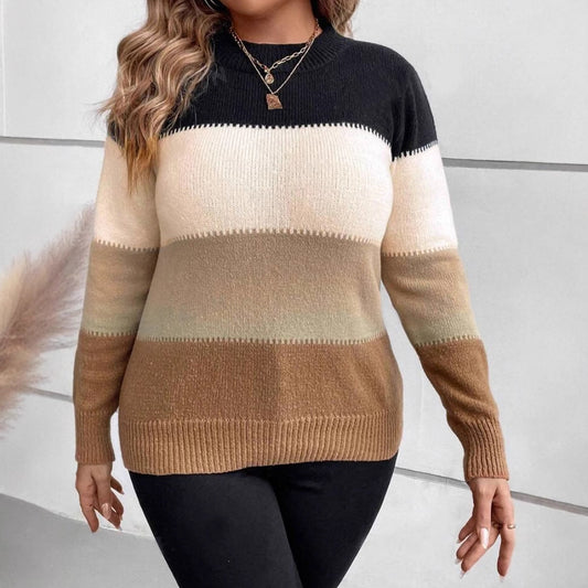 Women's Relaxed Fit Crewneck Sweater – Long Sleeve Color Block Knit Top 1