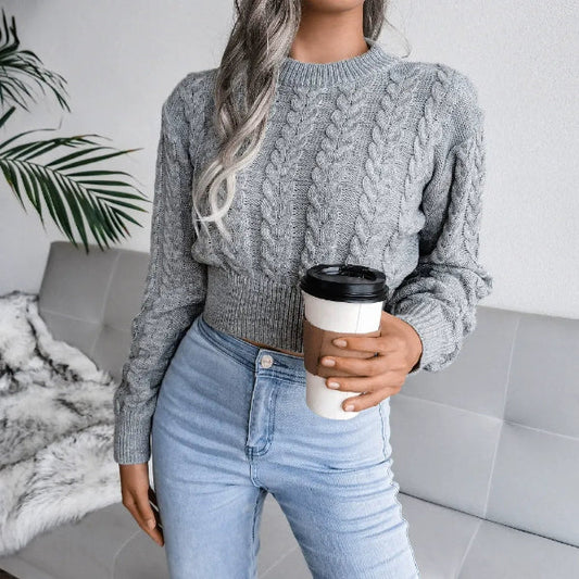 Women's Cable Knit Crop Sweater - Long Sleeve Crew Neck with Ribbed Hem 1