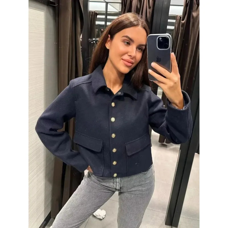 Women's Jacket Black Cotton Cropped Bomber with Button Front and Flap Pockets - 2