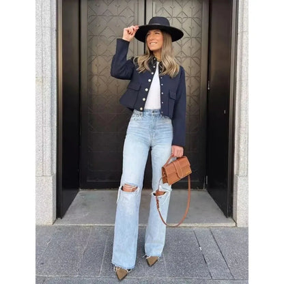 Women's Jacket Black Cotton Cropped Bomber with Button Front and Flap Pockets - 3