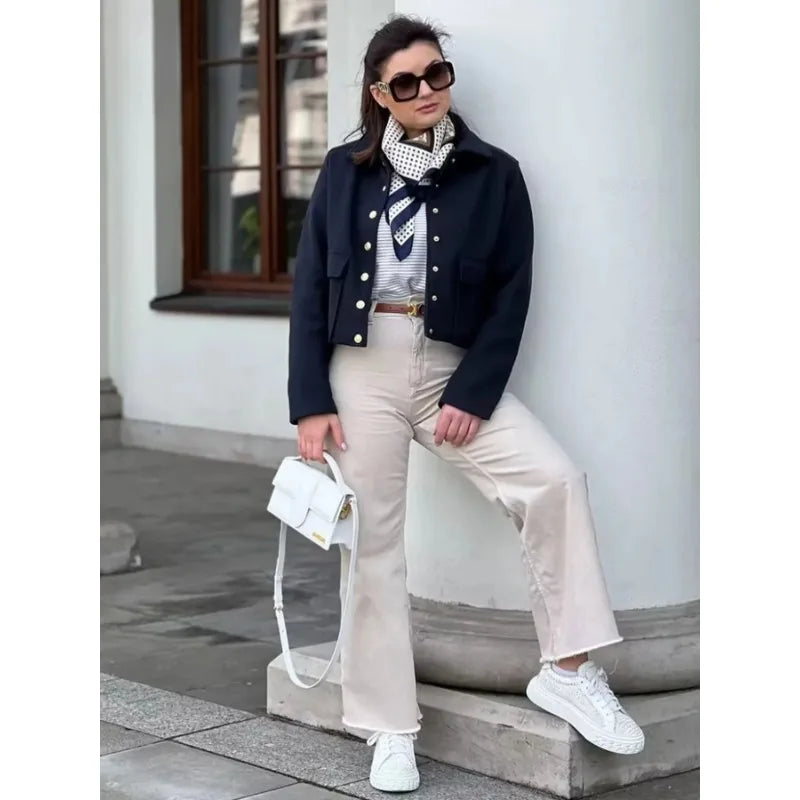 Women's Jacket Black Cotton Cropped Bomber with Button Front and Flap Pockets - 4