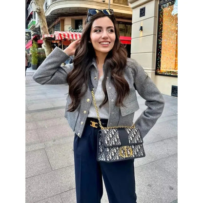 Women's Jacket Black Cotton Cropped Bomber with Button Front and Flap Pockets - 5