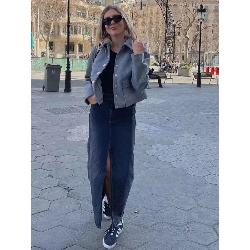 Women's Jacket Black Cotton Cropped Bomber with Button Front and Flap Pockets - 6