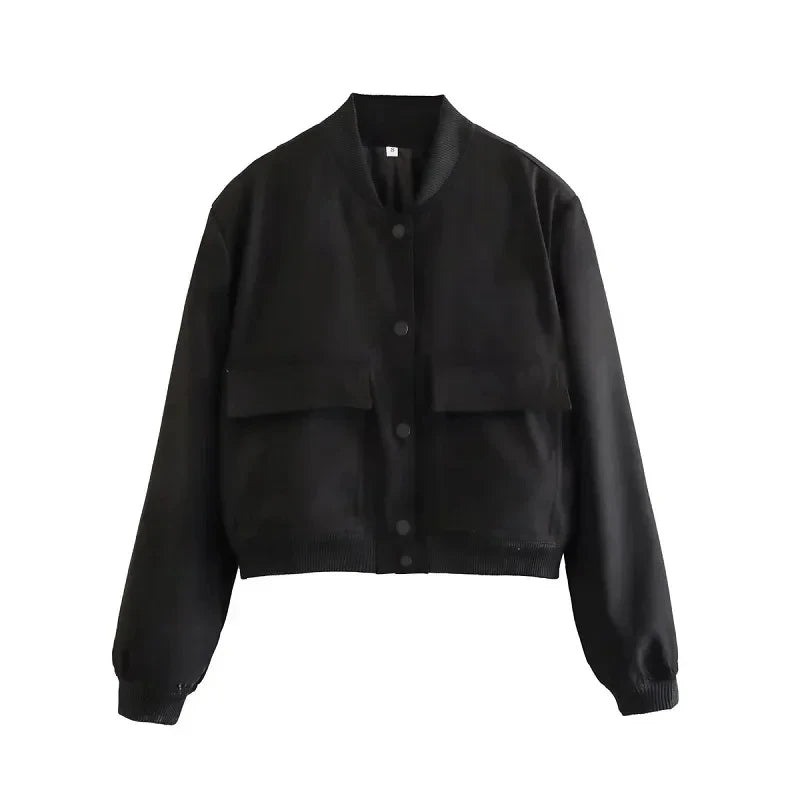 Women's Cropped Bomber Jacket Black Polyester - 11