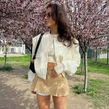 Women's Cropped Bomber Jacket Black Polyester - 4