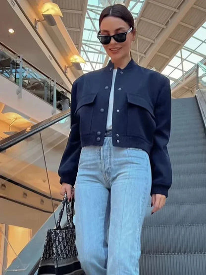 Women's Cropped Bomber Jacket Black Polyester - 6