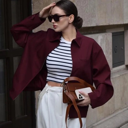 Women's Cropped Bomber Jacket Black Polyester Tailored Fit - 2