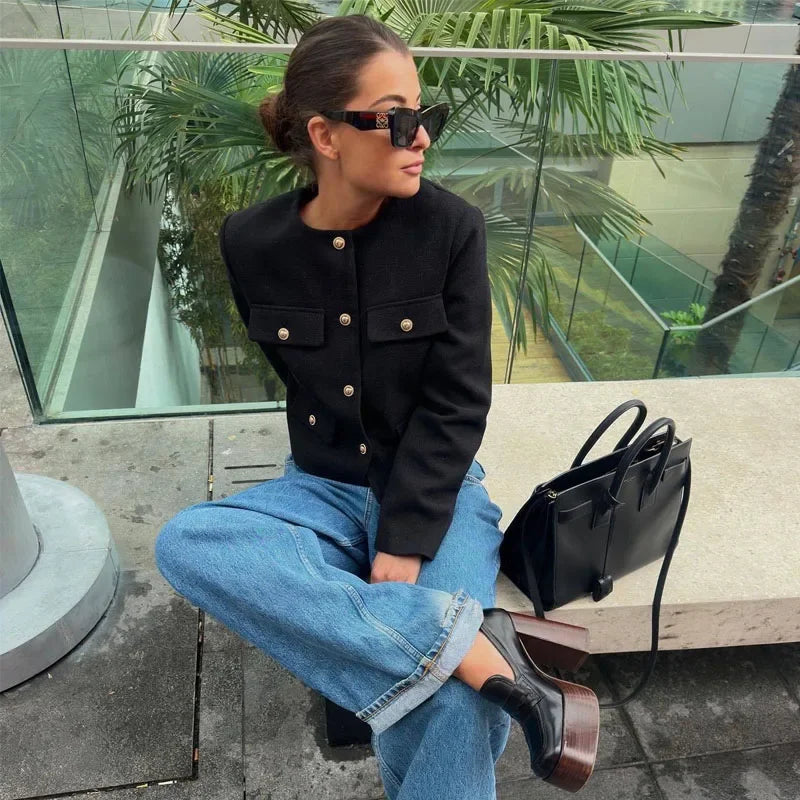 Women's Cropped Bomber Jacket Black Polyester Street Style - 3