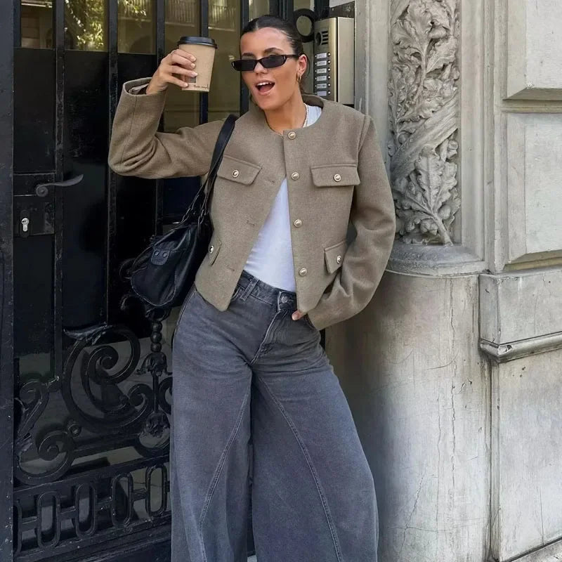 Women's Cropped Bomber Jacket Black Polyester Street Style - 4