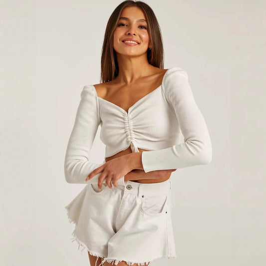Womens Slim Fit Crop Top - Tie Front V-Neck Long Sleeve Going Out Top 1