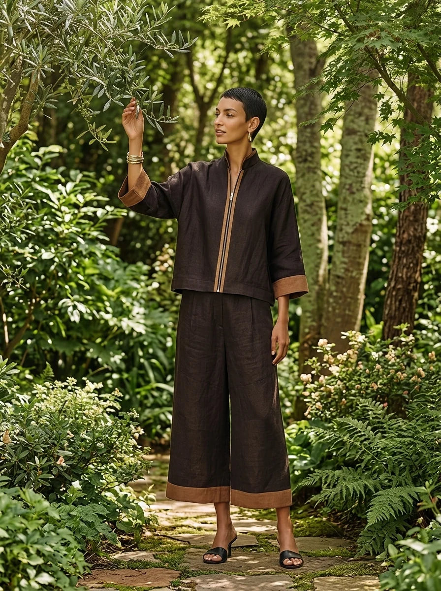 Women's Contrast-Trim Cropped Trouser Set – product view | Hensley London