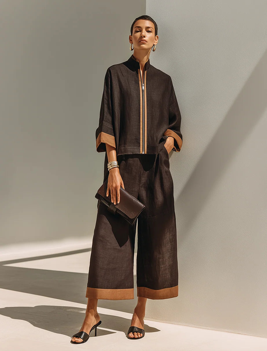 Women's Contrast-Trim Cropped Trouser Set – product view | Hensley London