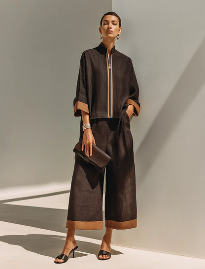 Women's Contrast-Trim Cropped Trouser Set – product view | Hensley London