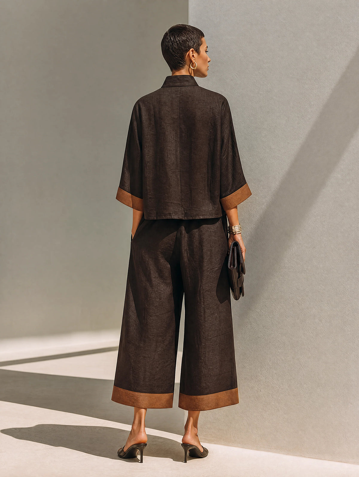 Women's Contrast-Trim Cropped Trouser Set – product view | Hensley London